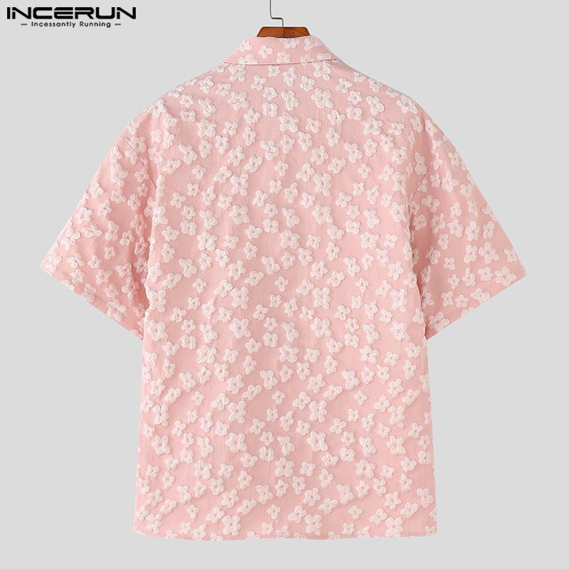 INCERUN S-XXXXXL Men Lapel Neck Short Sleeve Flowers Texture Buttons Casual Shirts
