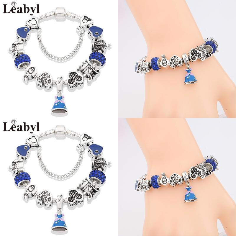 Potdemiel Pink Enamel Crystal Minnie Charm Bracelets Silver Color Heart Cartoon Bead Jewelry for Women Girl Gift