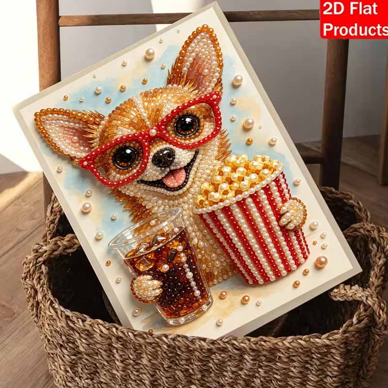 DIY Framed Pearl Painting Kit with Chihuahua Wearing Glasses Popcorn Soda 5D Sparkling Bead Art Canvas Ready to Display Home Decor Gift Idea