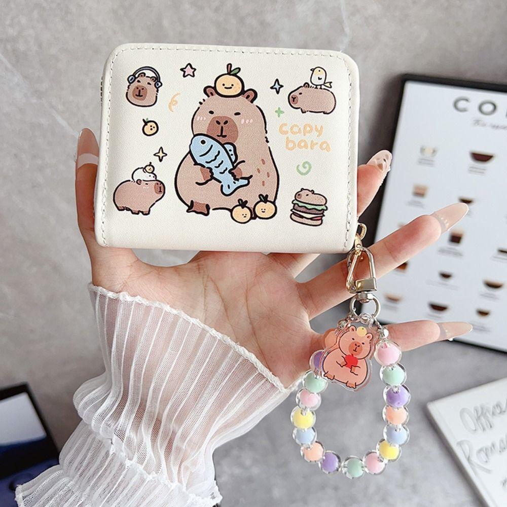 New PU Leather Coin Purse Large Capacity Multifunctional Card Holder with Pendant Capybara Short Zips Card Wallet Gift