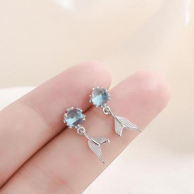 Blue Fishtail Earrings for Women - Japanese and Korean 925 Silver, Sweet Clear Design