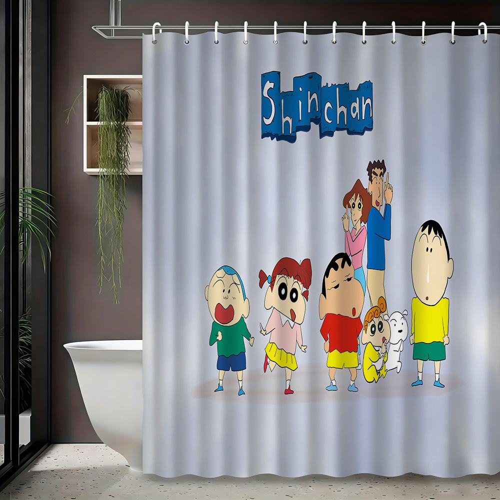 Crayon Shin-Chan & Friends Adventure On Rocks 2D Print Waterproof Shower Curtain, Blue Night Anime Bathroom Decor With Hooks