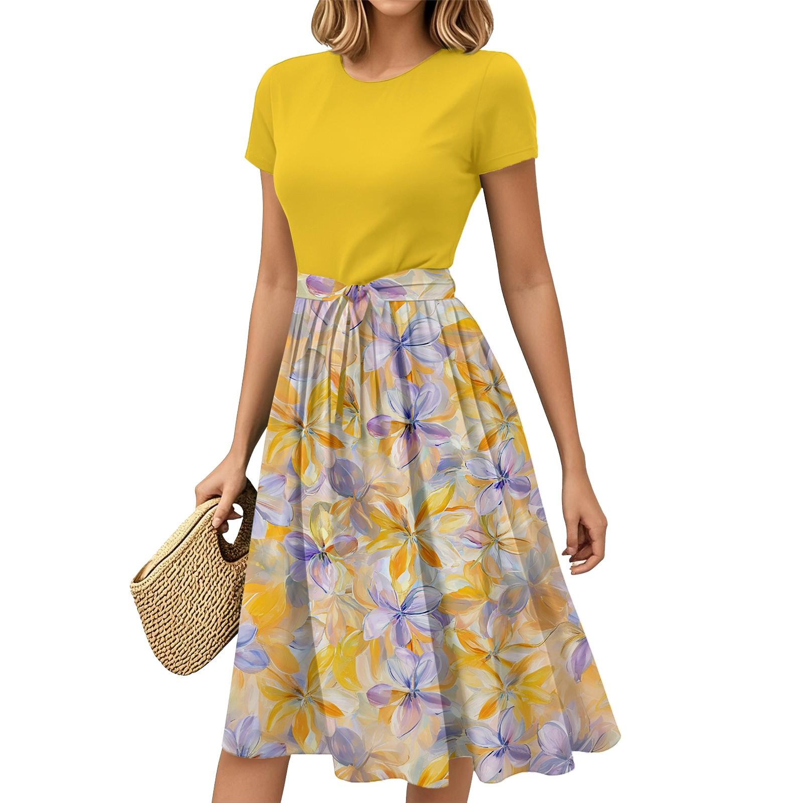 

Женская мода Повседневный пояс С коротким рукавом Круглый вырез Геометрический принт Сплайсинг Элегантные платья с темпераментом XXL