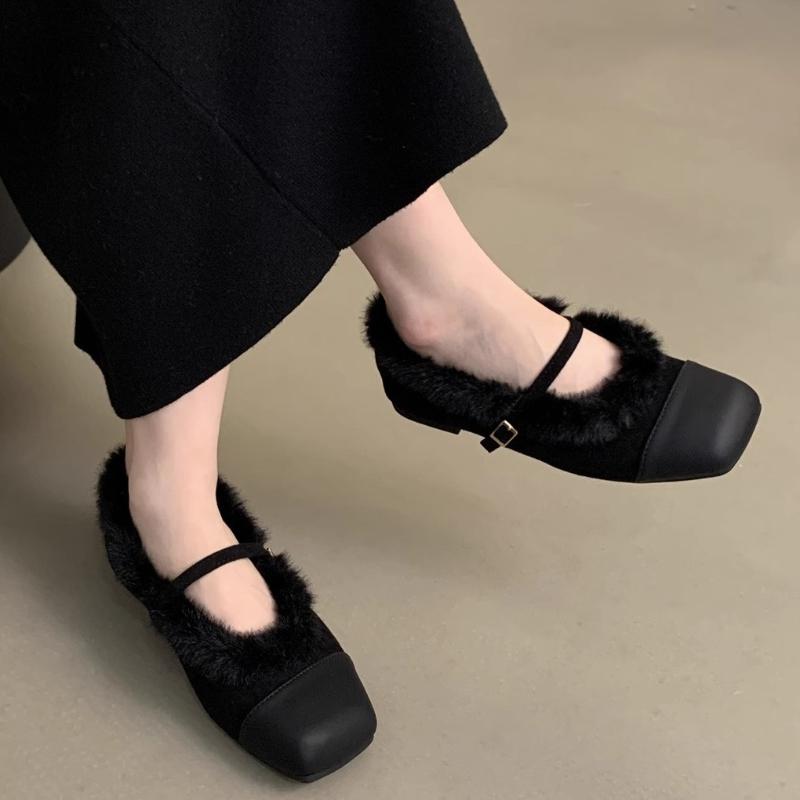 Fashion Fur Shoes Women's 2024 Fall Winter Color-block Chain Insulating Fashion Shallow Single Shoes One-line Buckle Mary Jane Shoes