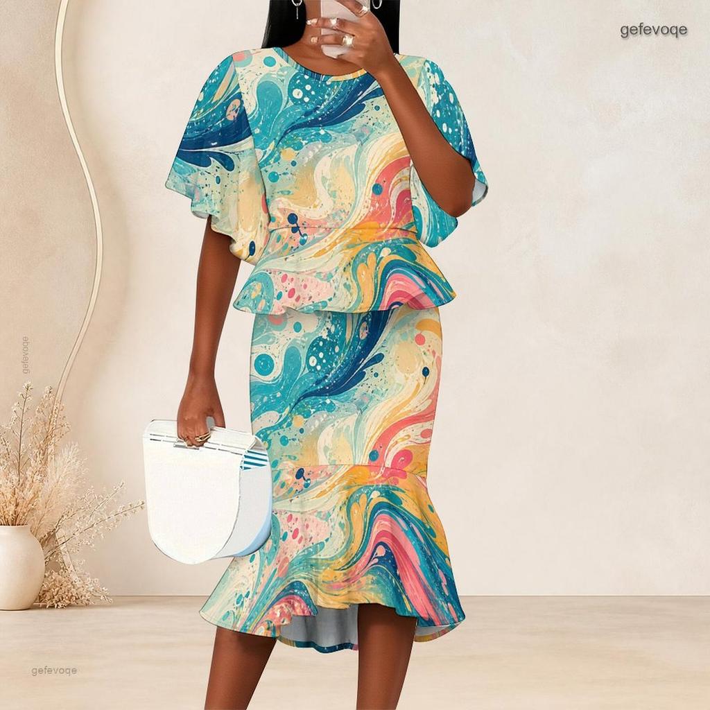 Women Plus Size Printed Round Neck Batwing Sleeve Ruffle Hem Top Fishtail Skirt Two Piece Set