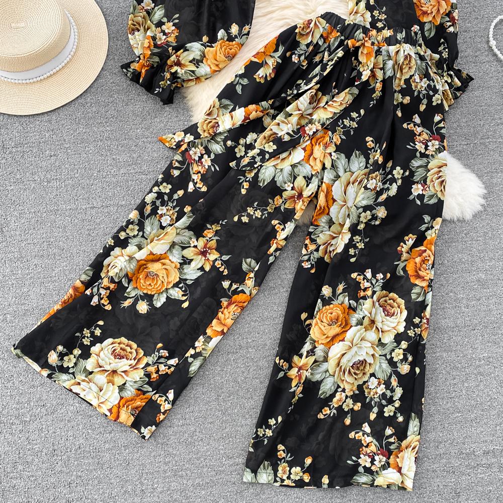Fashion Set Women's  Long Sleeve Square Neck Slim Fit Chiffon Shirt 2 Two Pieces Suits Sets High Waist Slim Wide L