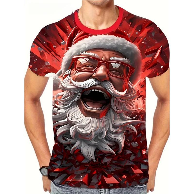 Świąteczny T-shirt z nadrukiem 3D Świętego Mikołaja dla mężczyzn, casualowy T-shirt z krótkim rękawem, modny top z okrągłym dekoltem, prezent na Nowy Rok, T-shirt oversize