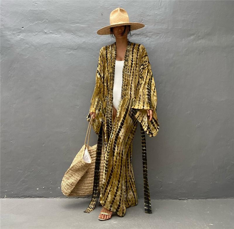 Long Kimono Swimsuit Cover up for Women Stylish Tie Dye Open Front Beach Outfits Bathing Suit