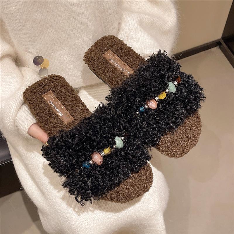 Internet celebrity brown popular fluffy slippers women's autumn and winter wear 2025 new thick bottom casual home fluffy cotton drag