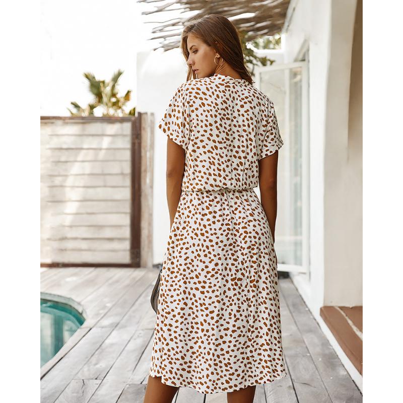 New Women's Polka Dot Chiffon Shirt Dress, V-Neck Short Sleeve Button Front Tie Waist A-Line Midi Dress for Spring Summer