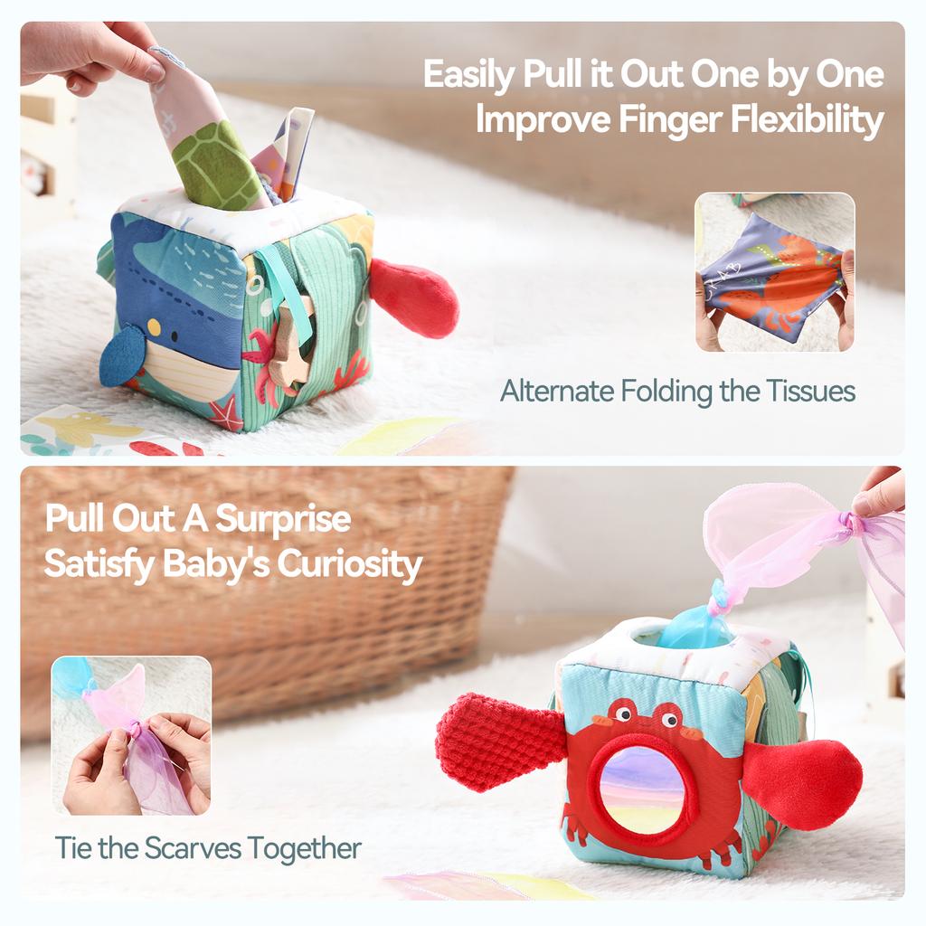 Babyspielzeug Magische Taschentuchbox Baumwoll-Fingerübungs-Montessori Busy Board Spiel Lernspielzeug Weiche Rasselspielzeug Ozean-Stoffbuch