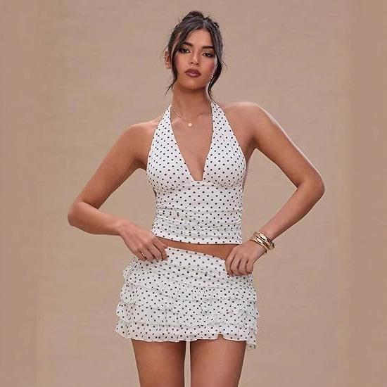 Women's Retro Halter V-Neck Polka Dot Top & Ruffled Skirt Set