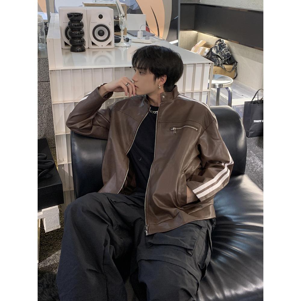 

American retro striped silhouette Maillard leather jacket men s spring and autumn design sense high sense front shoulder PU jacket M