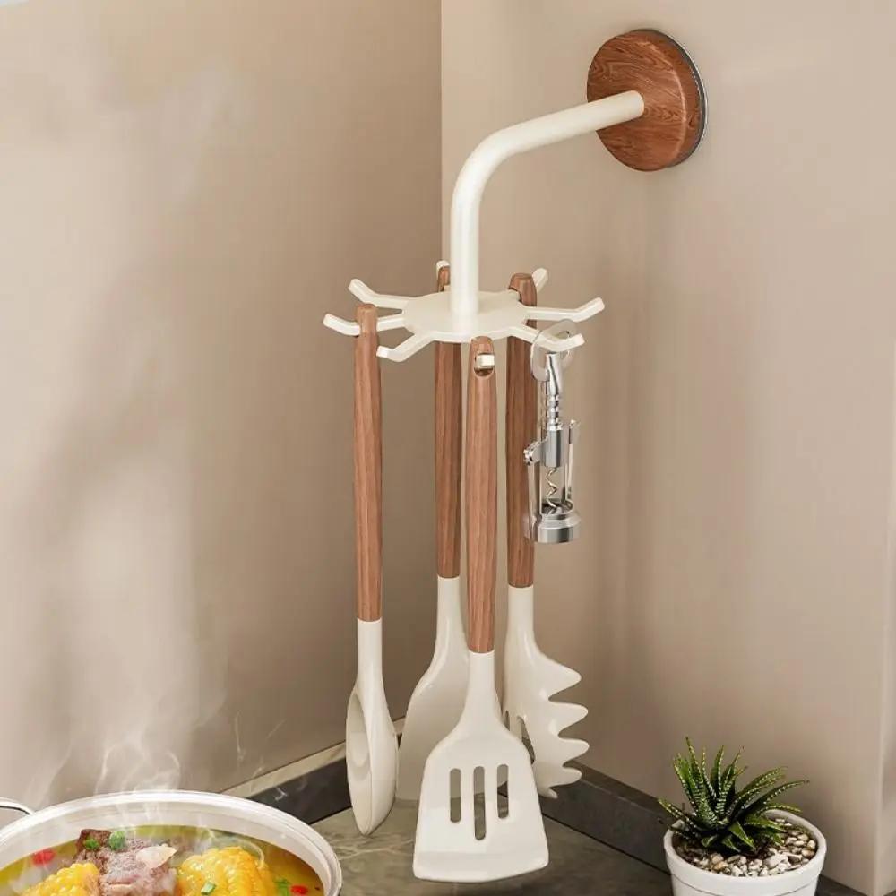 No Drill Kitchen Storage Rack Wall Mounted Space Saving 360 Rotating Hooks Anti Drop Spatula Spoon Holder for Kitchenware