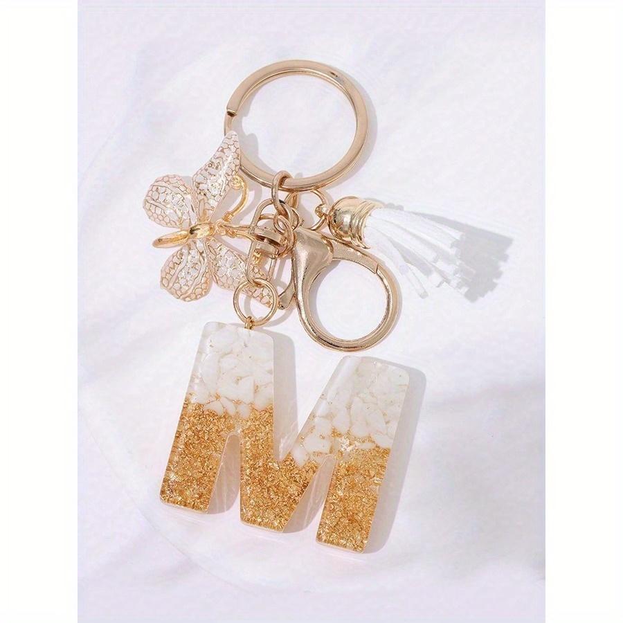 Cute Initial Letter Keyrings White Keychen, Capital Alphabet Gold Foil Resin Keychain Charm with Butterfly Tassel Pendant, Thanksgiving