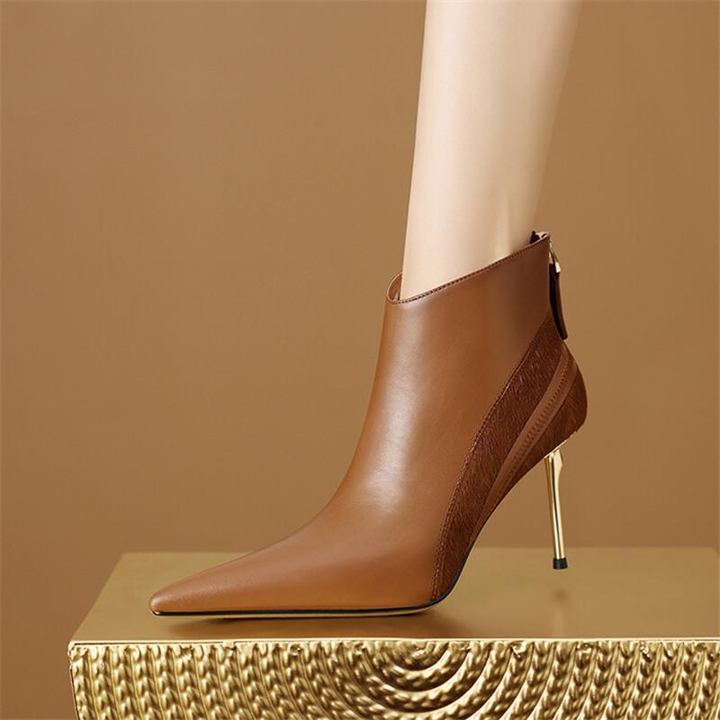 Moda 2025 Invierno Nuevas Botas de Moda Empalmadas Botas de Mujer Botas de Punta para Mujer Zapatos de Cuero Genuino Zapatos De Mujer Tacones Altos