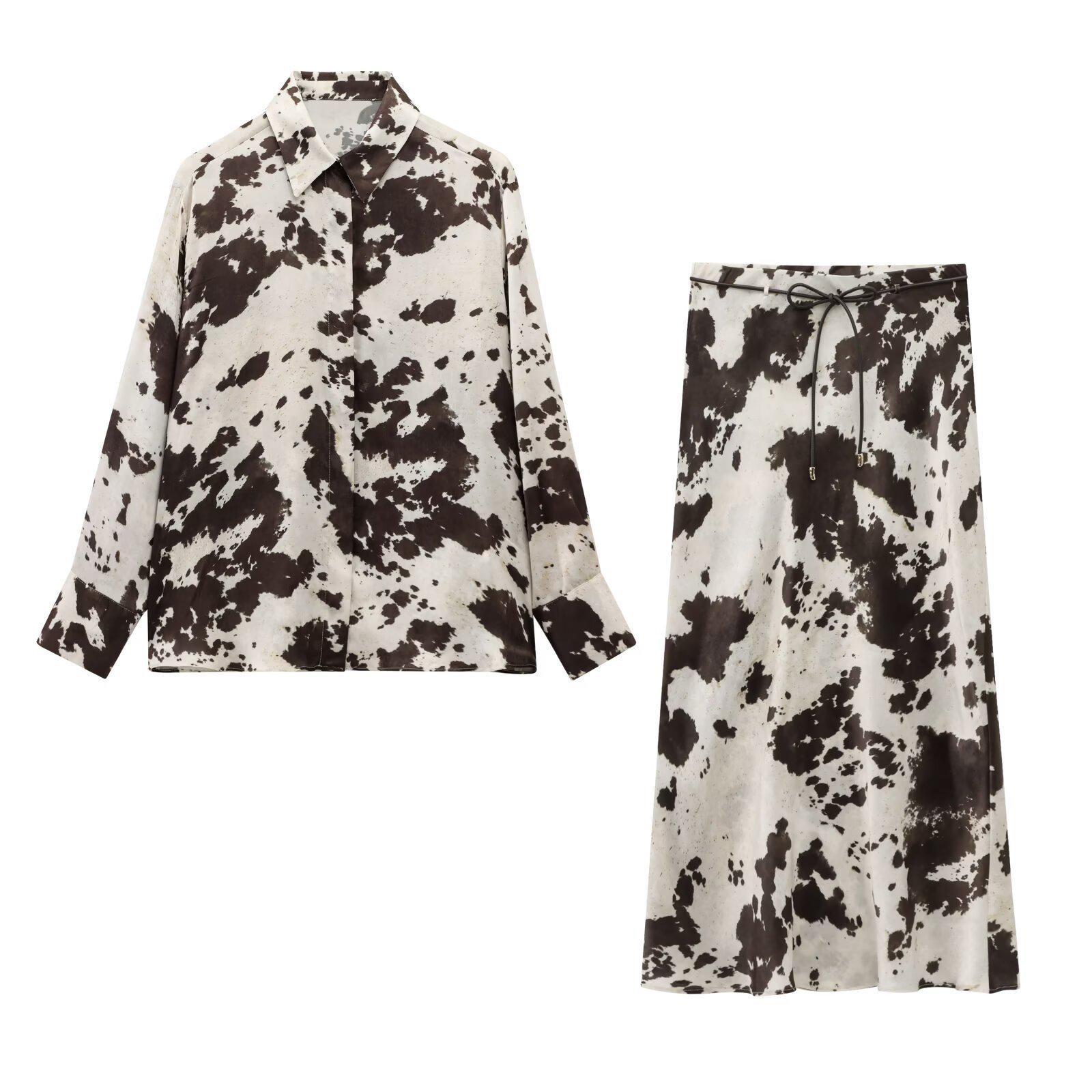 

2025 Spring Women s Animal Print Shirt & Midi Skirt Set Medium