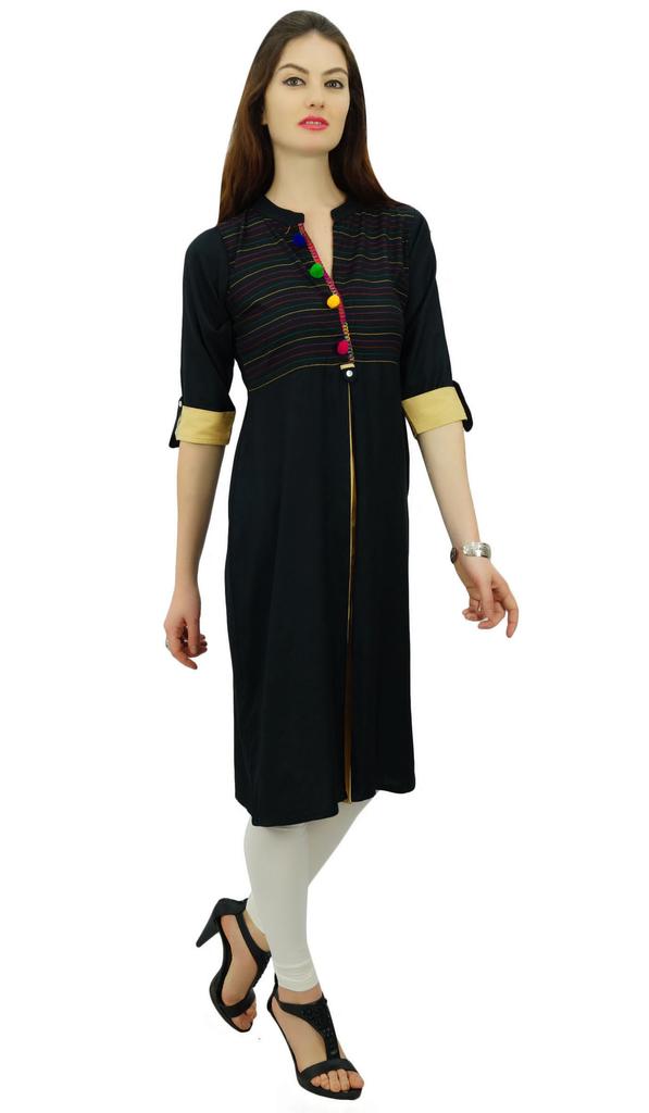 Phagun Womens Indian Ethnic Rayon Black Kurti Tunic Designer Pom - Pom Kurta -