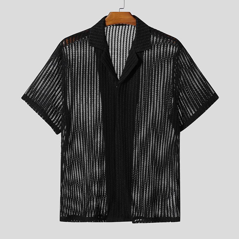 

INCERUN Летние мужские рубашки с коротким рукавом, текстурированные пуговицы, полая сетка, пляжная накидка M