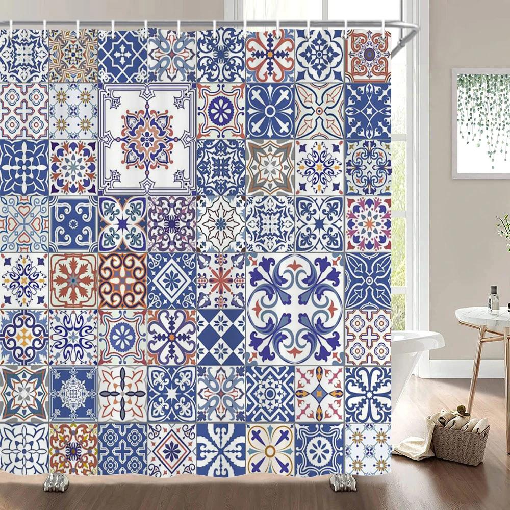 Indian  Bohemian Fabric Shower Curtain Bathroom Curtains Boho Mandala Waterproof Fabric Bath Screen Bathtub Decor with 12 Hooks