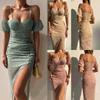 Women's Spring/summer Flower Print Wrap Breast Irregular Halter Dress