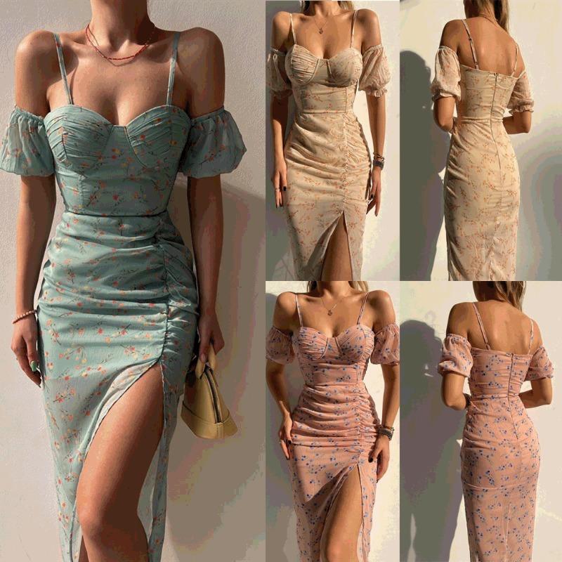 Women's Spring/summer Flower Print Wrap Breast Irregular Halter Dress