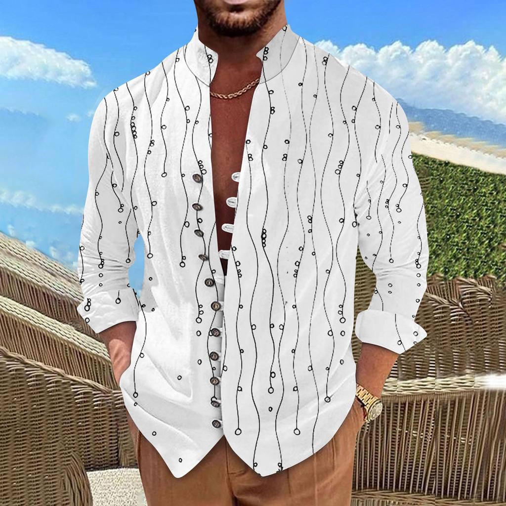 Men'S Retro Casual Loose Fitting Long Sleeved Printed Shirt Fashion Standing Collar Top