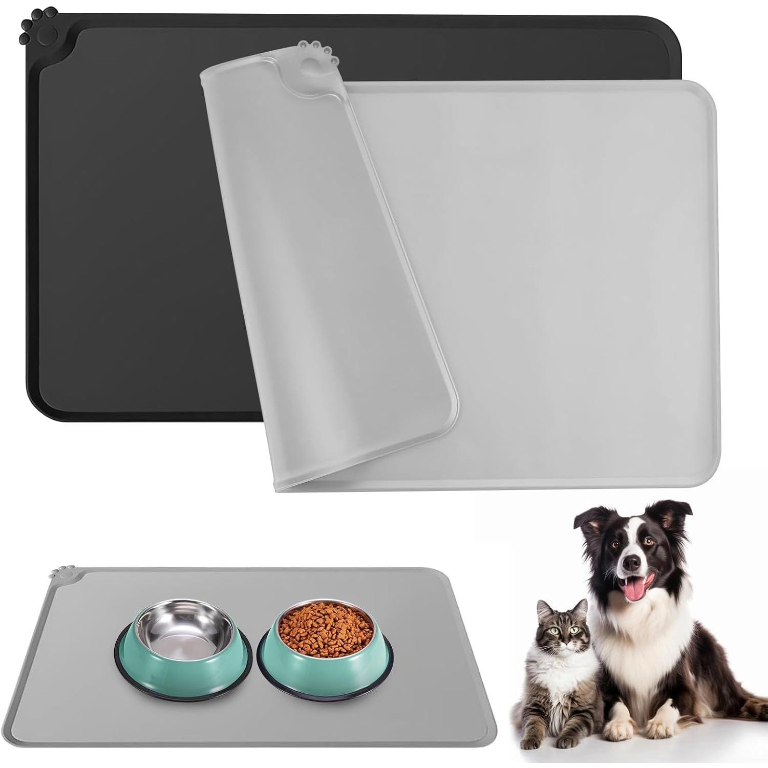 2 Dog Bowl Mats, 48x30cm Cat Bowl Mat, Non-Slip Dog Bowl Mat, Waterproof Silicone Dog Bowl Mat, Grey and Black 2-Pack