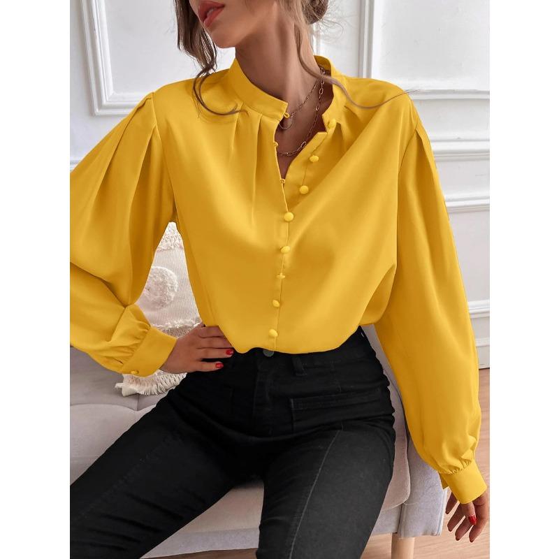 Shirt Women's Hot Style Half Open Collar Solid Color Loose Long Sleeve Elegant Temperament