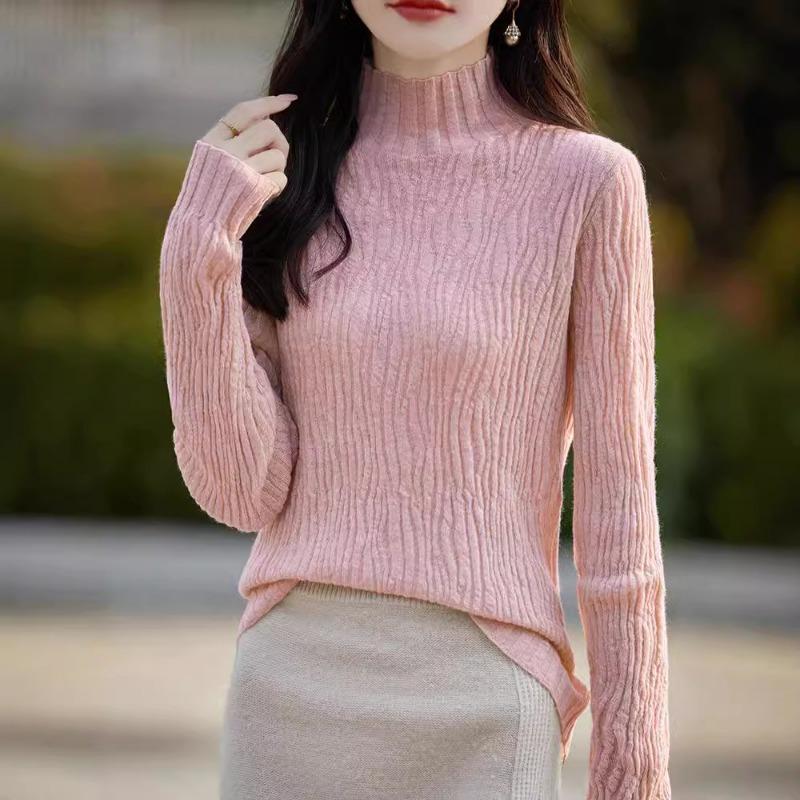 Autumn new long-sleeved round neck bottomed women's clothing thin pleated inside knitted sweater top supply