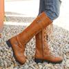 Fashion Boots for Women's European American Tide Round Head Middle Heel Lace-up Knee Boot Side Zipper Large Size Women Boots Boats Mujer