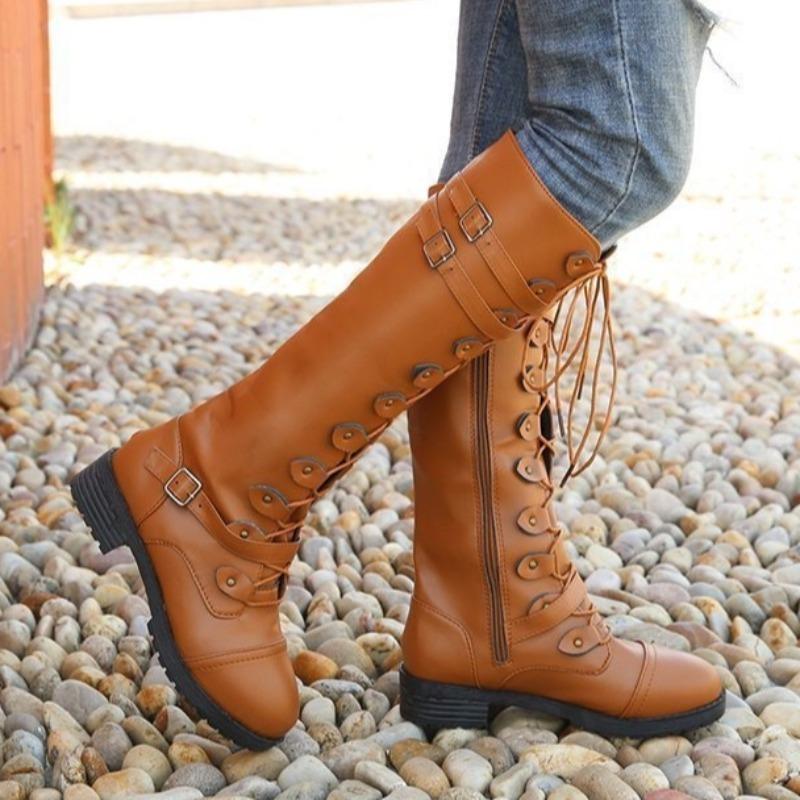 Fashion Boots for Women's European American Tide Round Head Middle Heel Lace-up Knee Boot Side Zipper Large Size Women Boots Boats Mujer