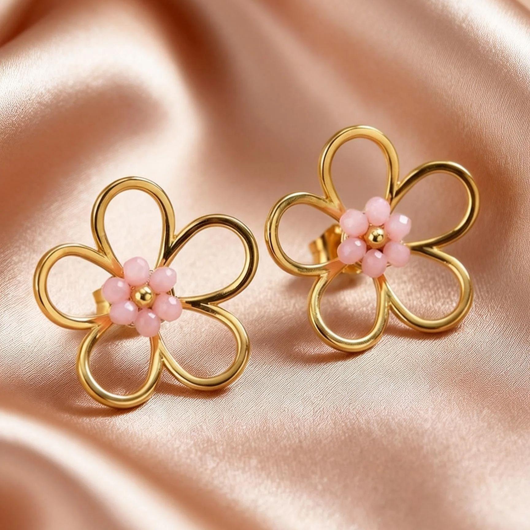 

Trendy Gold Plated Flower Earrings for Women, Minimalist Zircon Pink Beads Floral Stud Earrings, Aesthetic Statement Jewelry