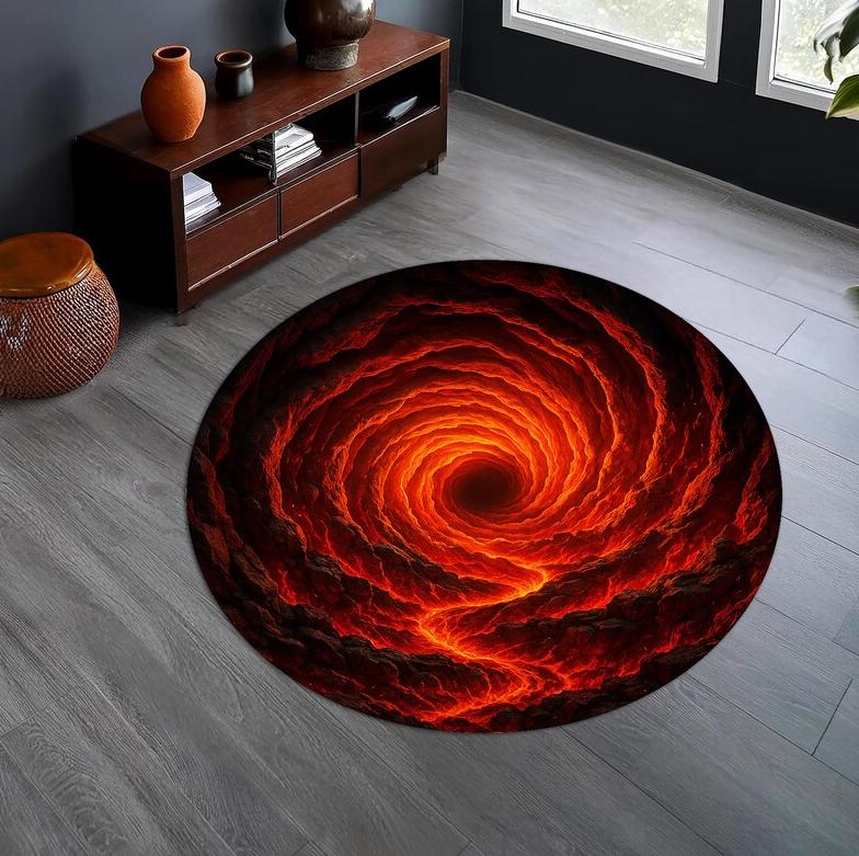 Vortex Lava Hole Round Area Rug Soft Non-Slip Floor Mat Fiery Red Orange Magma Whirlpool Illusion Pattern Carpet for Bedroom