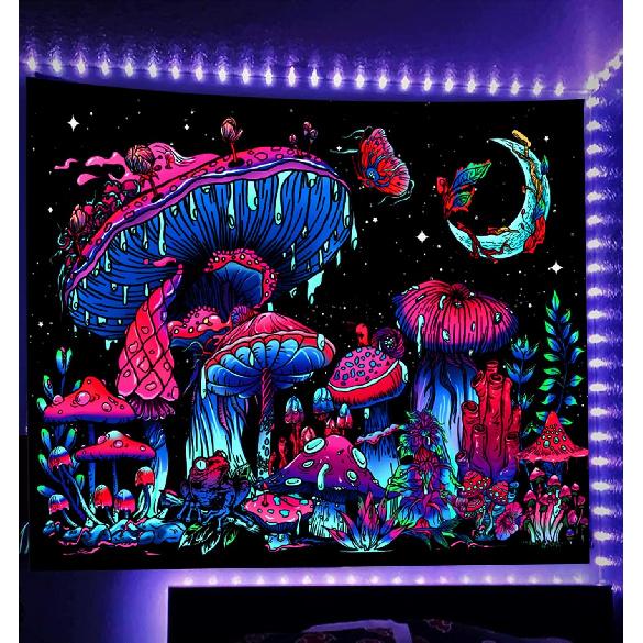 TUGCAY Blacklight Mushroom Tapestry, Glow In The Dark Tapestry Black Light Plant Fantasy UV Reactive Mushroom Butterfly Moon Tapestries Posters Wall