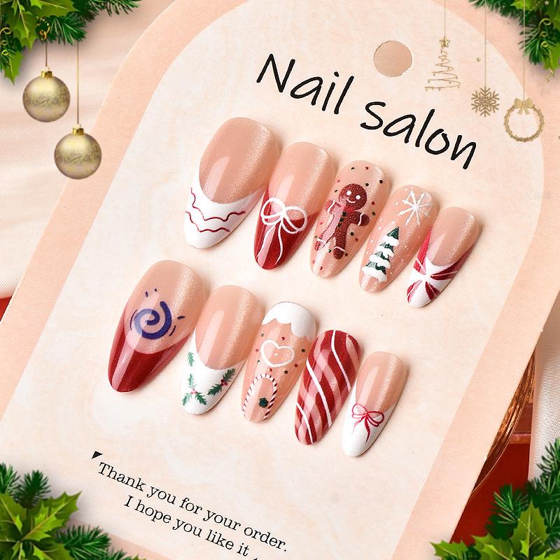 24-Piece Christmas Almond Nail Tips Set: Bow, Cookie, Snowflake & Cat Eye Design 24 pcs/box