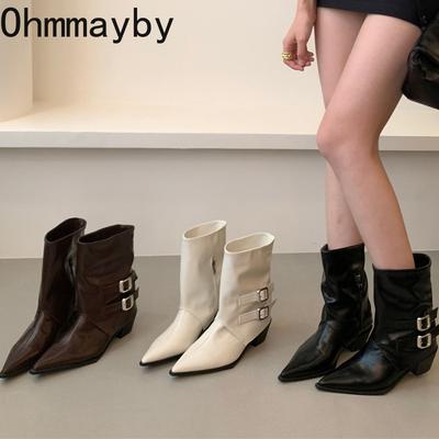 Design Spitzzehe Dicker Absatz Damen Schaftstiefel Mode Damen Gürtelschnalle Schlanke Kurze Stiefeletten Herbst Winter Damenschuhe