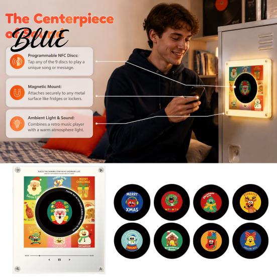 Nostalgic Acrylic Record NFC Music Vinyl Magnet Fridge Player Programmable with 9 Records Retro Aesthetic Magnetic Portable Desktop Ornament
