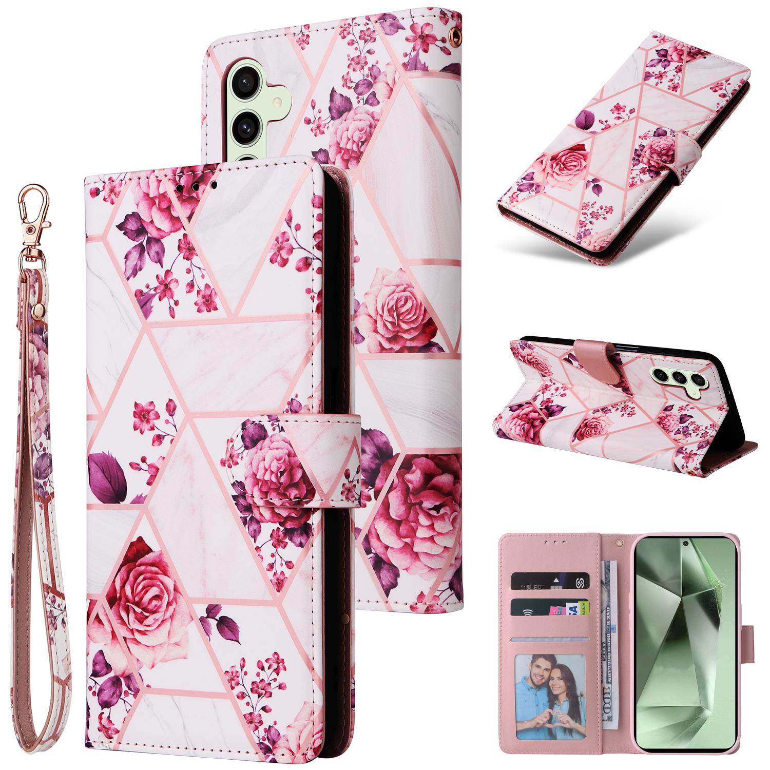 

For Samsung Galaxy S25 FE Case Lacquered Marble Pattern Leather Phone Cover with Wrist Strap Rose Gold