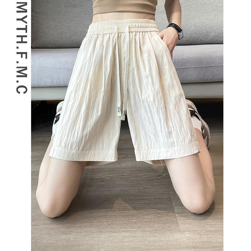Hot Season Ice Silk Sports Shorts for Women, Large Size Summer Thin Style, High Waist, Slim and Versatile Five-point Wide-leg Medium Pants