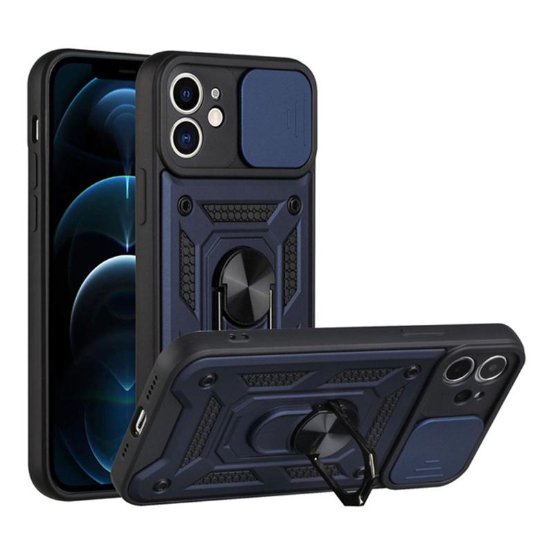 Armor Slide Camera Protection Phone Case For iPhone 13 12 11 Pro Max XR XS Max 6 7 8 Plus Ring Stand Holder Shockproof Cover