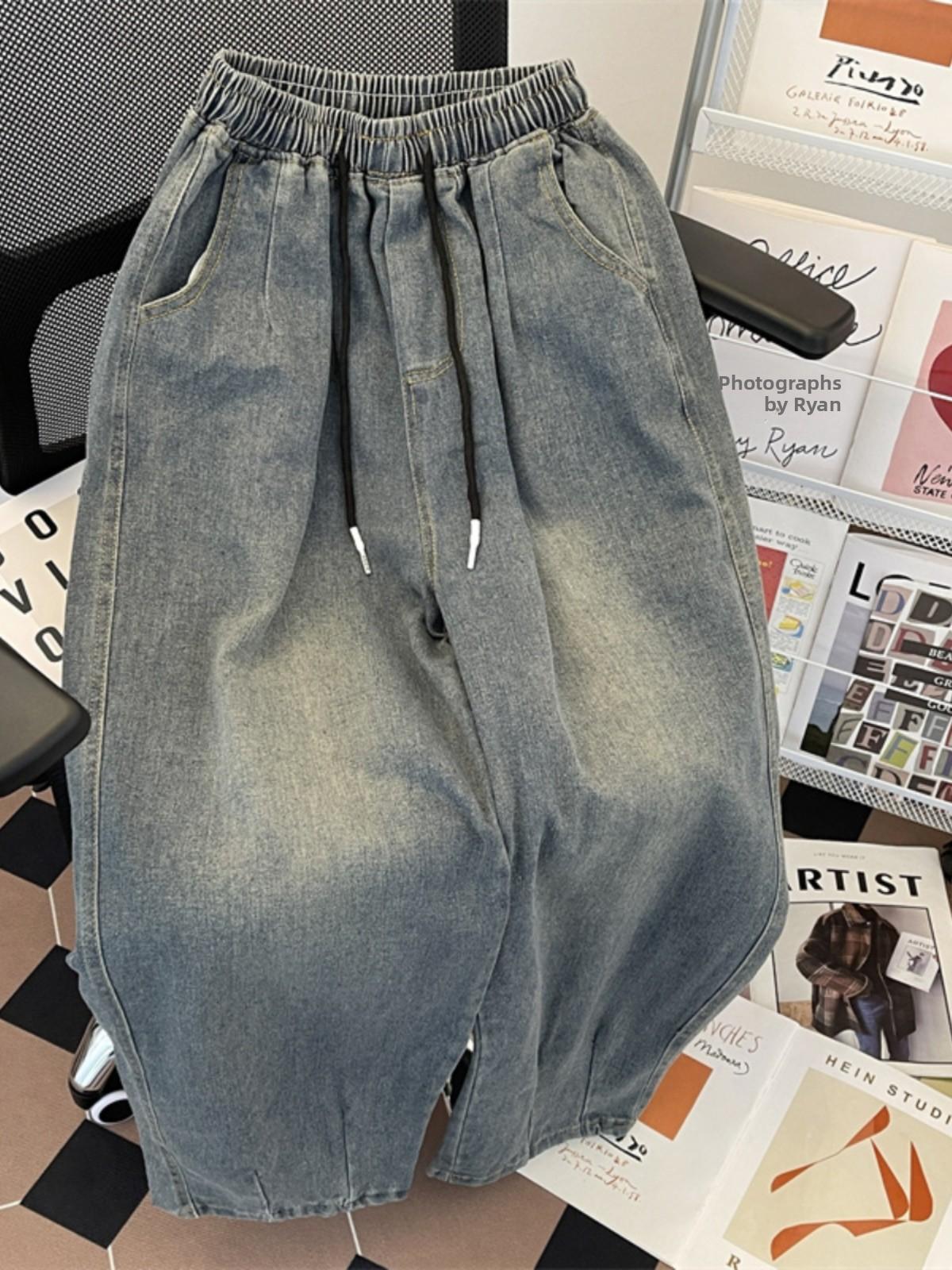 

Свободные джинсы широкого кроя мужские американские винтажные эластичная талия весна осень модный бренд универсальные свободные длинные брюки XS