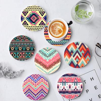 Bohemian Style Coaster for Drinks Tabletop Protection Bohe Printed Round Ceramics Coasters Set with Cork Base Housewarming Gift