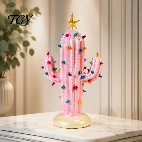 Resin Tabletop Decor for Home Vintage Lighted Cactus Christmas Tree, Saguaro with Bulbs & Golden Colorful Crystal Lamp Display Star Topper,