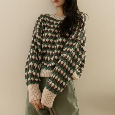 Women's Classic Sweater Round Collar Korean Print Loose and Versatile Knitted Western Autumn-Winter Fashion Pullovers Sweater