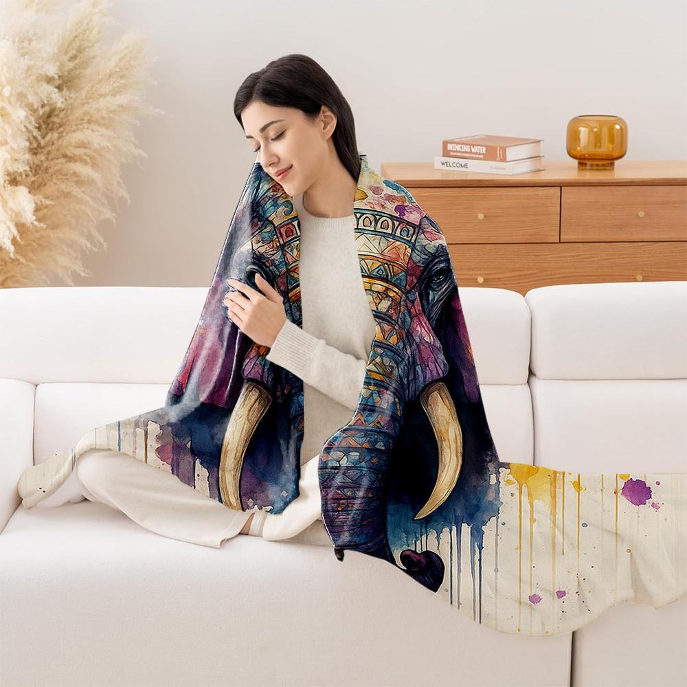 1Pc Indian Mandala Elephant Quilted Fleece Blanket - Plush Thick Warm All-Season Bedspread With Turquoise Blue, Pink, Yellow,