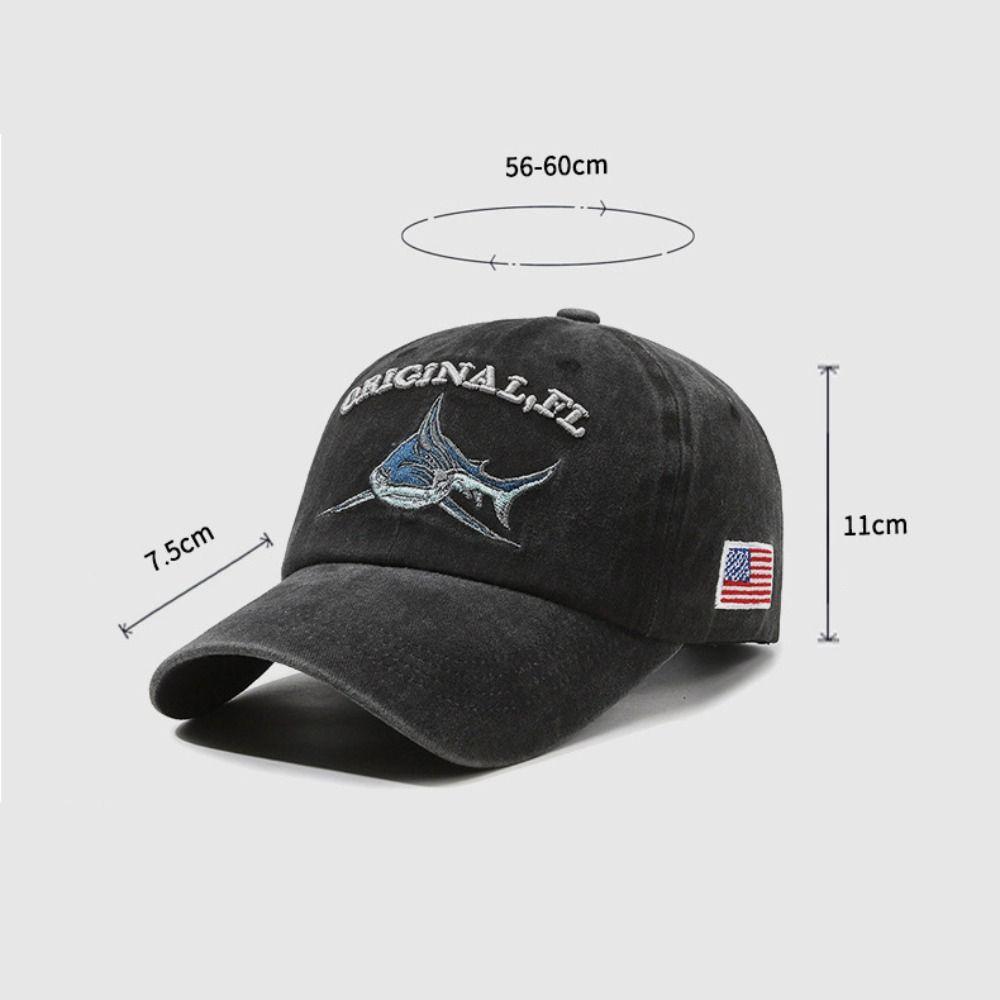 Washed Cotton Shark Embroidered Baseball Cap Hip Hop Adjustable Outdoor Fishing Hat Sunscreen American Flag Patch