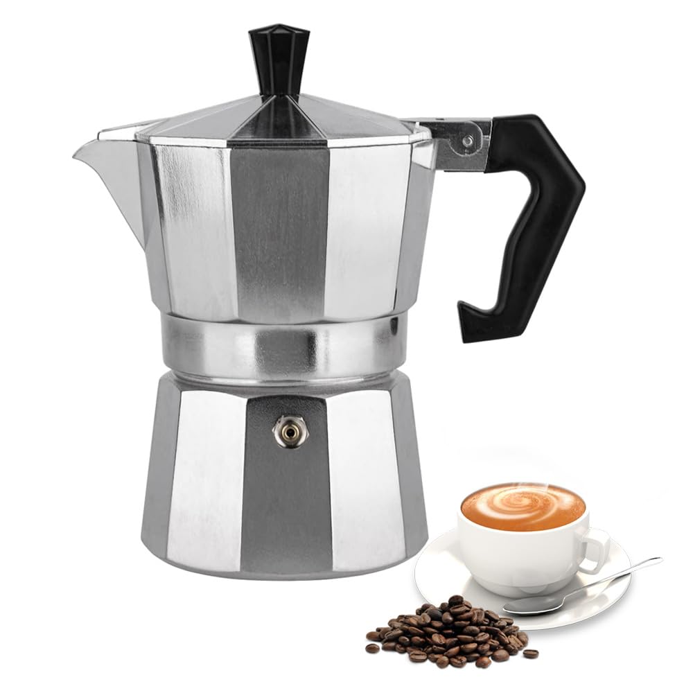 Black Moka Pot Aluminum Espresso Maker with Fireplace, Outdoor Coffee, 3-Cup 150ml Capacity