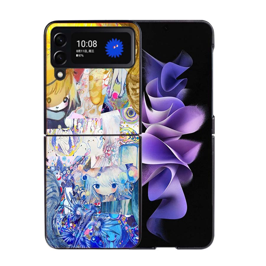 K-KikuoS Art Cute Phone Case For Samsung Z Flip 7 6 5G Galaxy Z Flip4 Z Flip5 Z Flip3 Coque Black Hard PC Shell Protective Cover