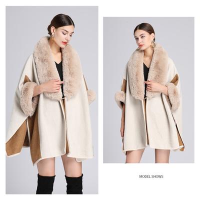 Winter Woman's Cape Shawl Jacket Fur Collar Women's Large Size Seven-point Sleeves Loose Tweed Jacket Knitted Cardigan